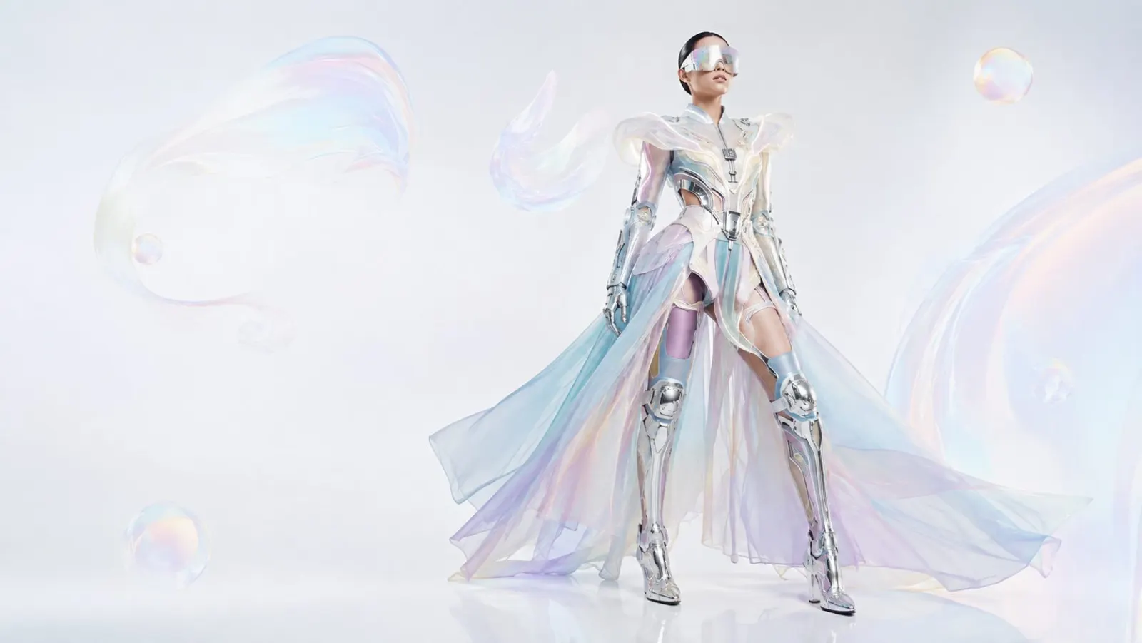 Model in iridescent cyber-couture — chrome exo-limbs, holographic visor, pastel silk