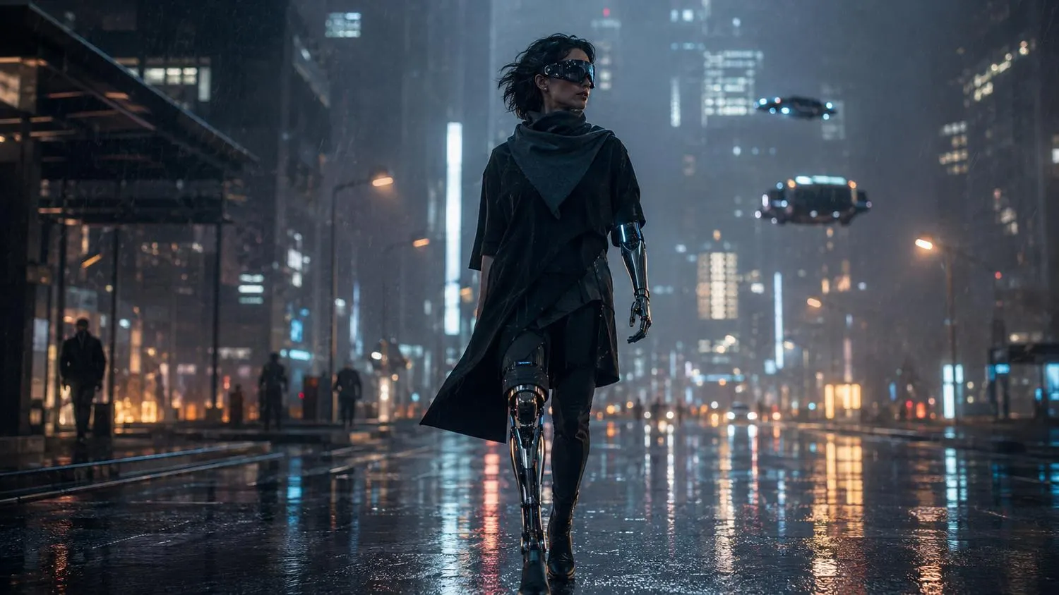 Enhanced human walking a rainy neon city at night
