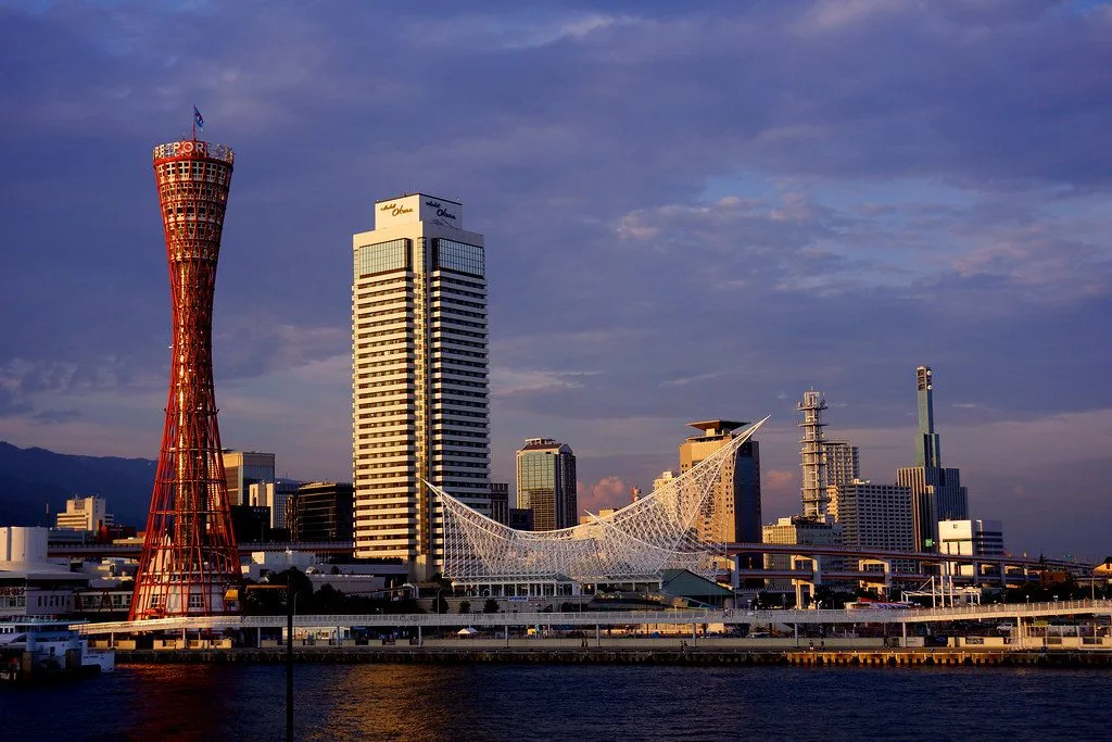 Kobe Harbor and Port Tower at golden hour