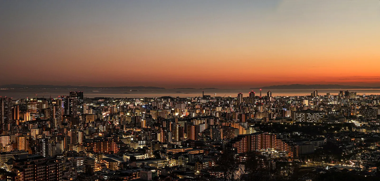 Kobe at twilight from the Venus Bridge, the bay and the city lights below
