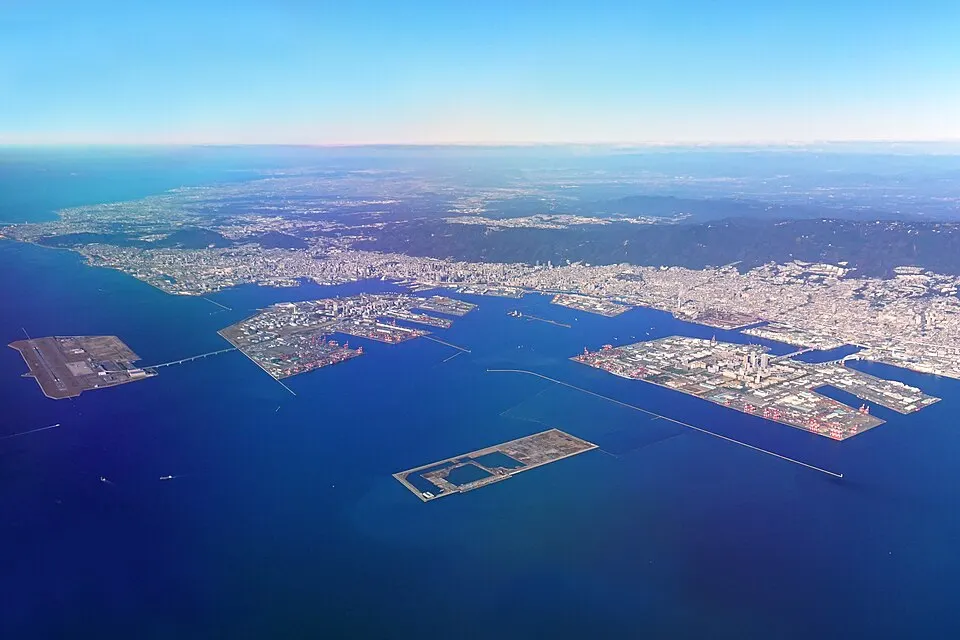Port Island from the air, the Kobe Biomedical Innovation Cluster on reclaimed land